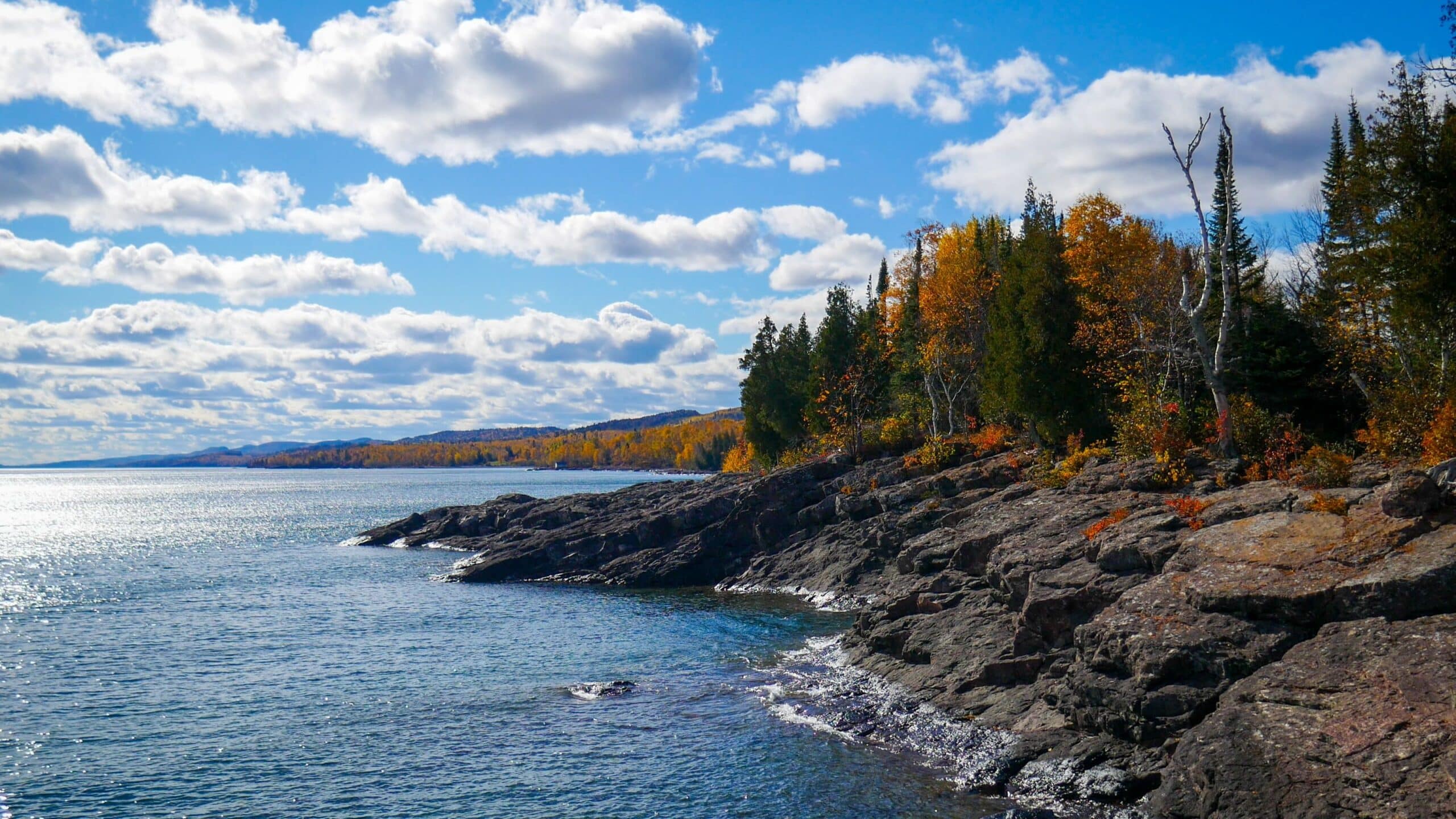 A rocky shoreline with trees and a blue sky during Grandma's Marathon.