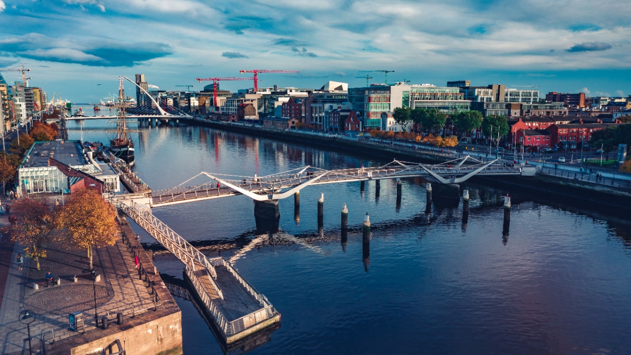 An aerial view of the river in Dublin, Ireland.