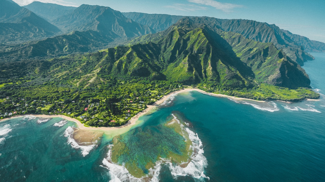 An aerial view of the island of Kauai, Hawaii during the Kauai Marathon.