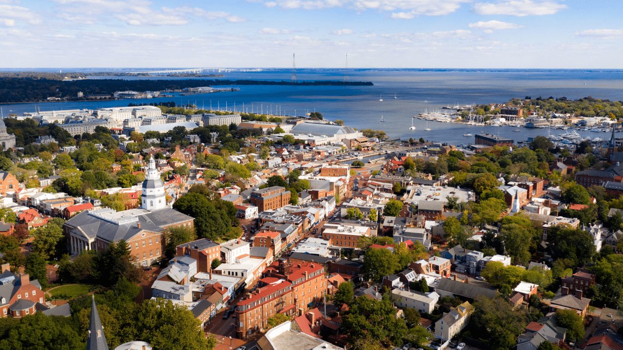 An aerial view of the city of Charlottesville, Virginia during the 10 Mile Run event.