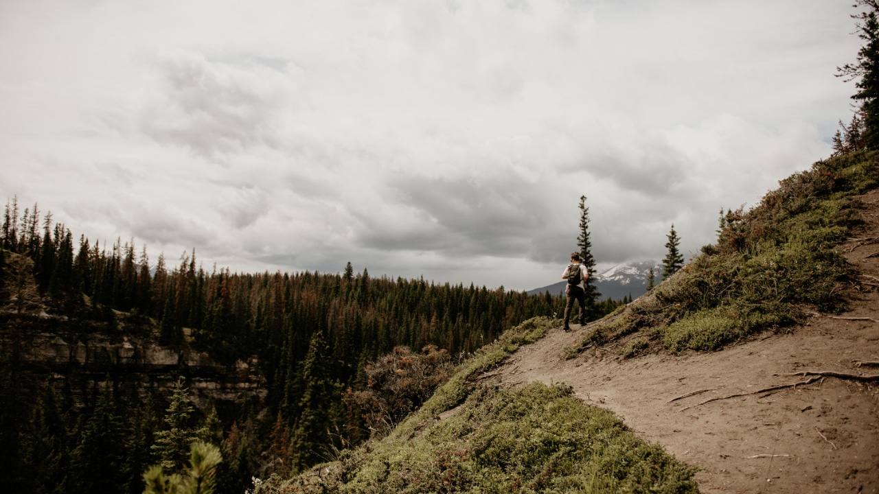 A hiker is standing on a trail in the mountains.