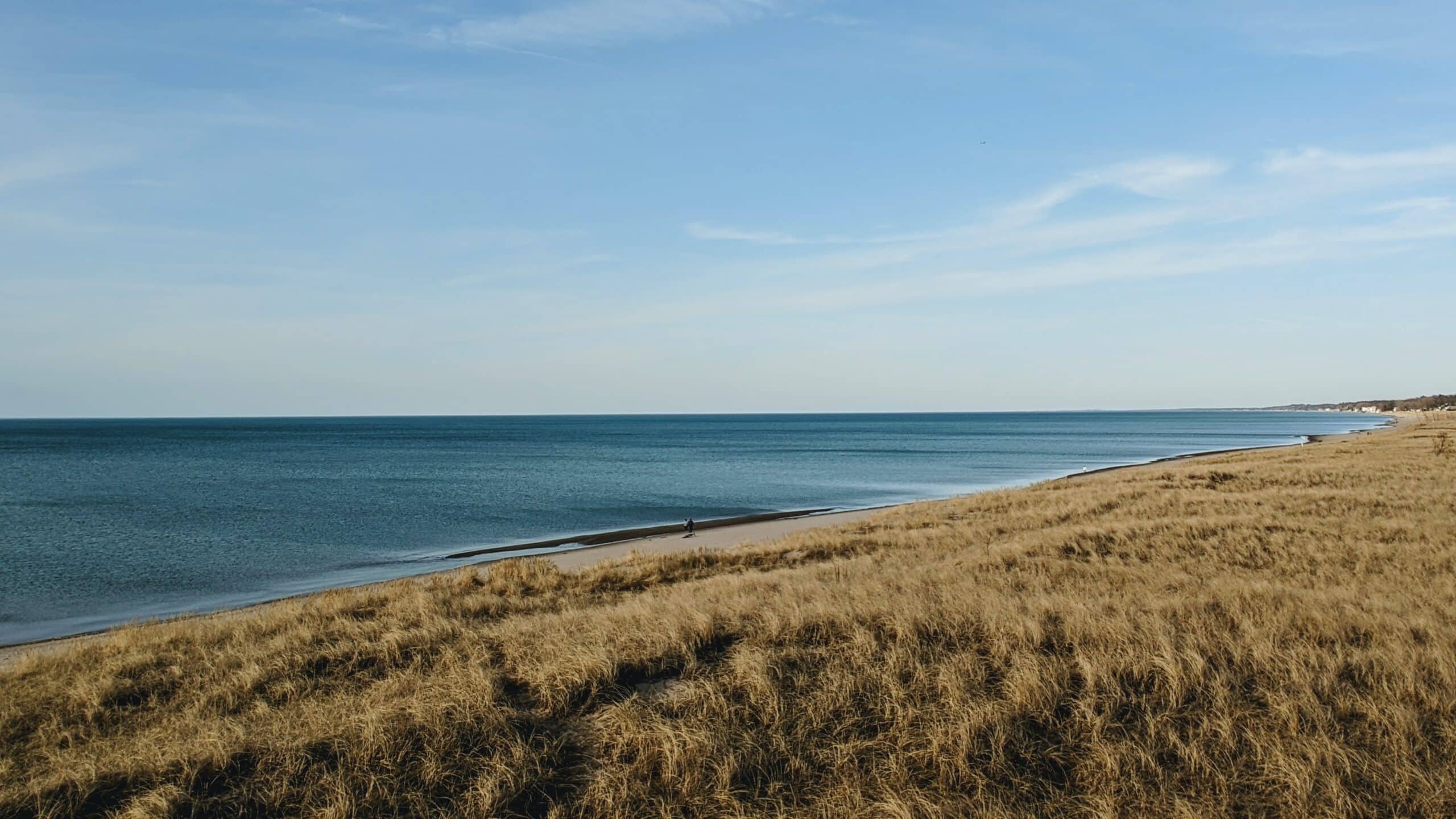 A beach with a sand dunes and the ocean in the background.