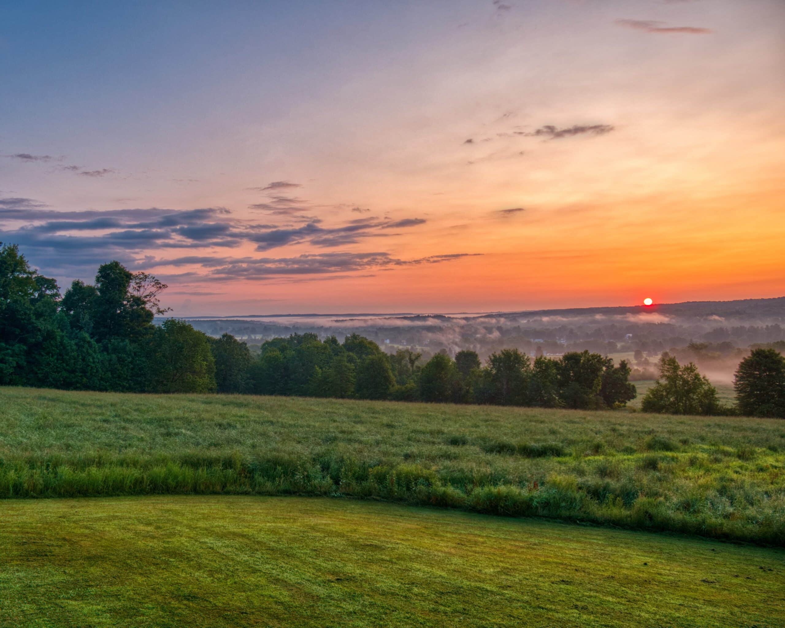 A sunrise over a field with a grassy field in the background.