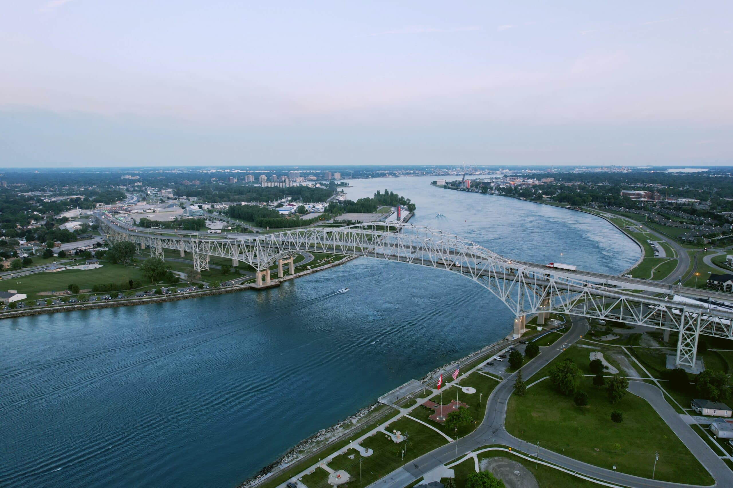 An aerial view of a bridge over a river.