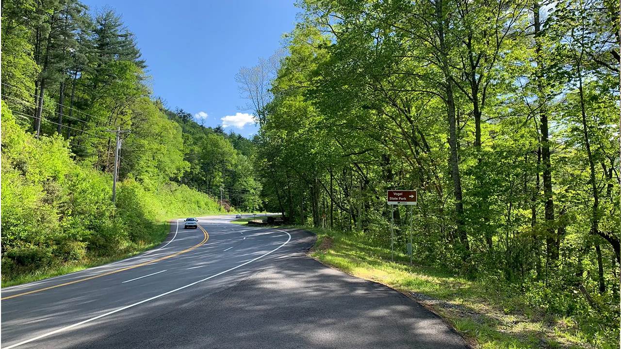 A car participating in the Lady of the Lake Trail Race is driving down a curvy road in the woods.