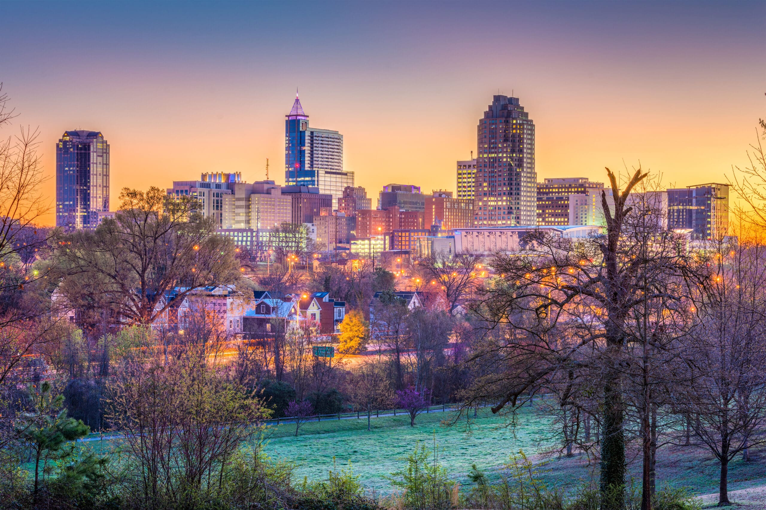 The skyline of charlotte, north carolina at sunset.