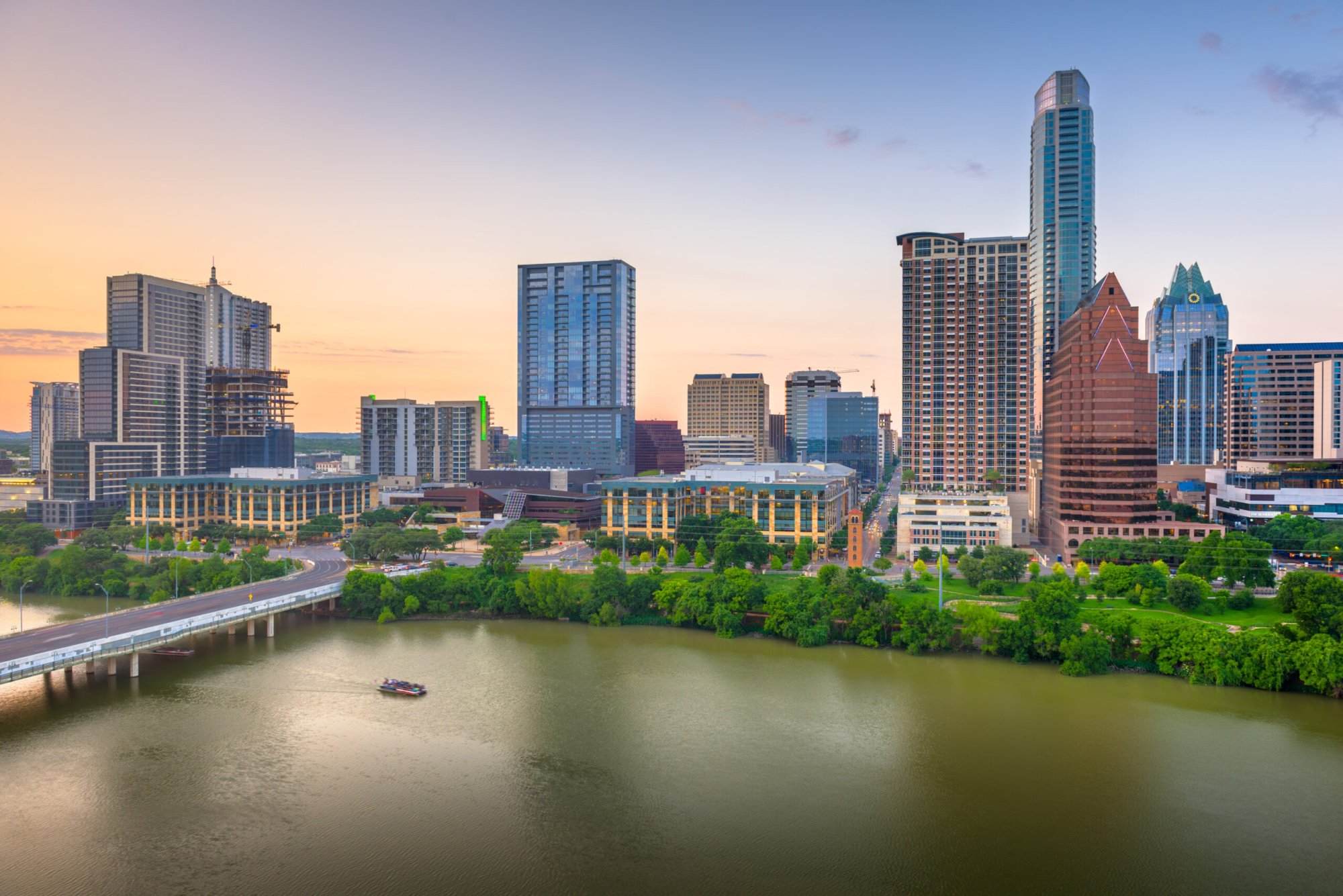 The skyline of austin, texas at sunset.