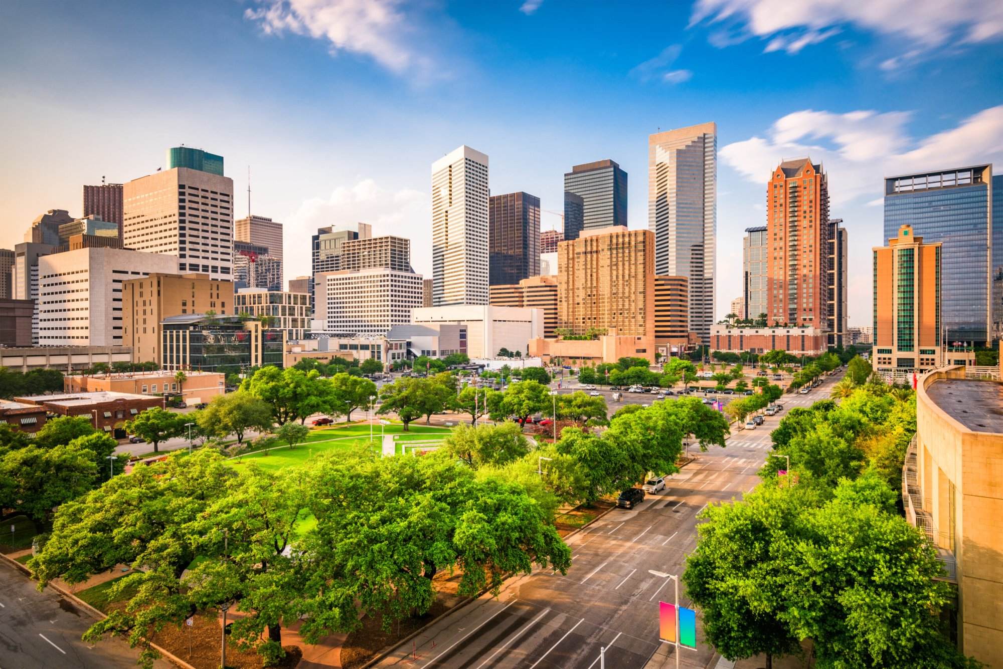 Houston, texas skyline at sunset stock photo.