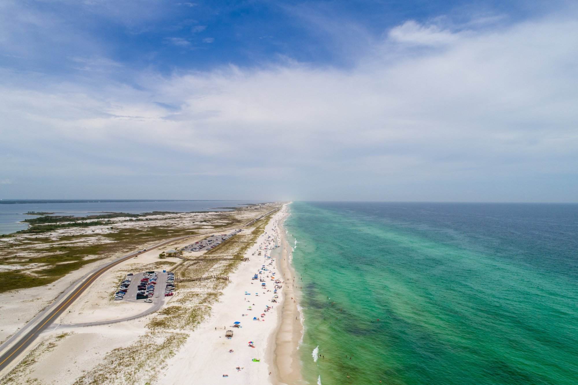 An aerial view of the beach and ocean.