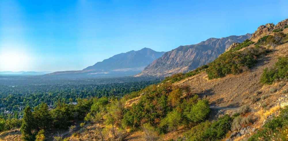 A view of a valley with mountains in the background.