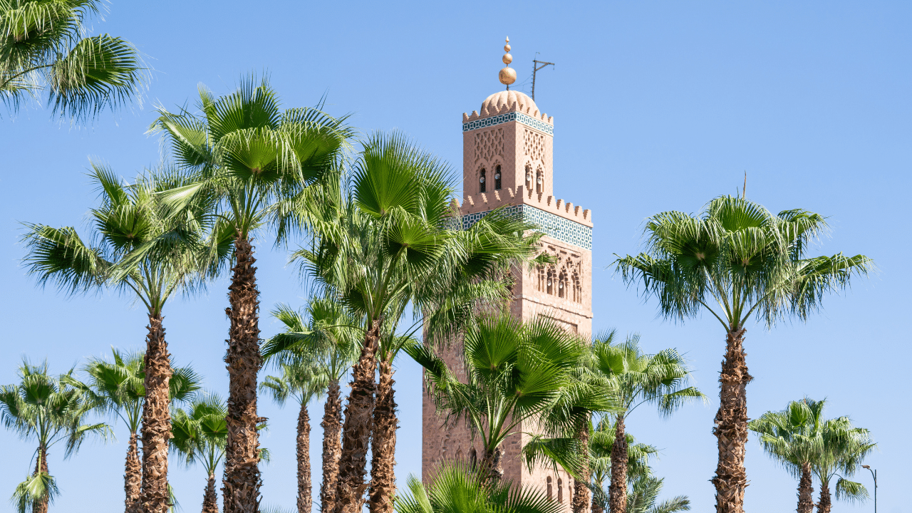 Koutoubia Mosque, Marrakech, Morocco during a bright sunny day.